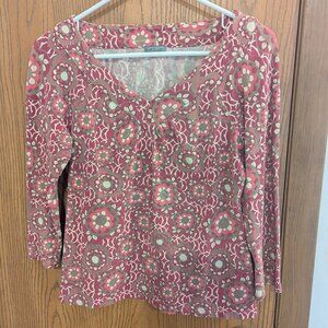 Ann Taylor V-Neck Geometric Floral 3/4 Sleeve Top-Pink Brown -XS
